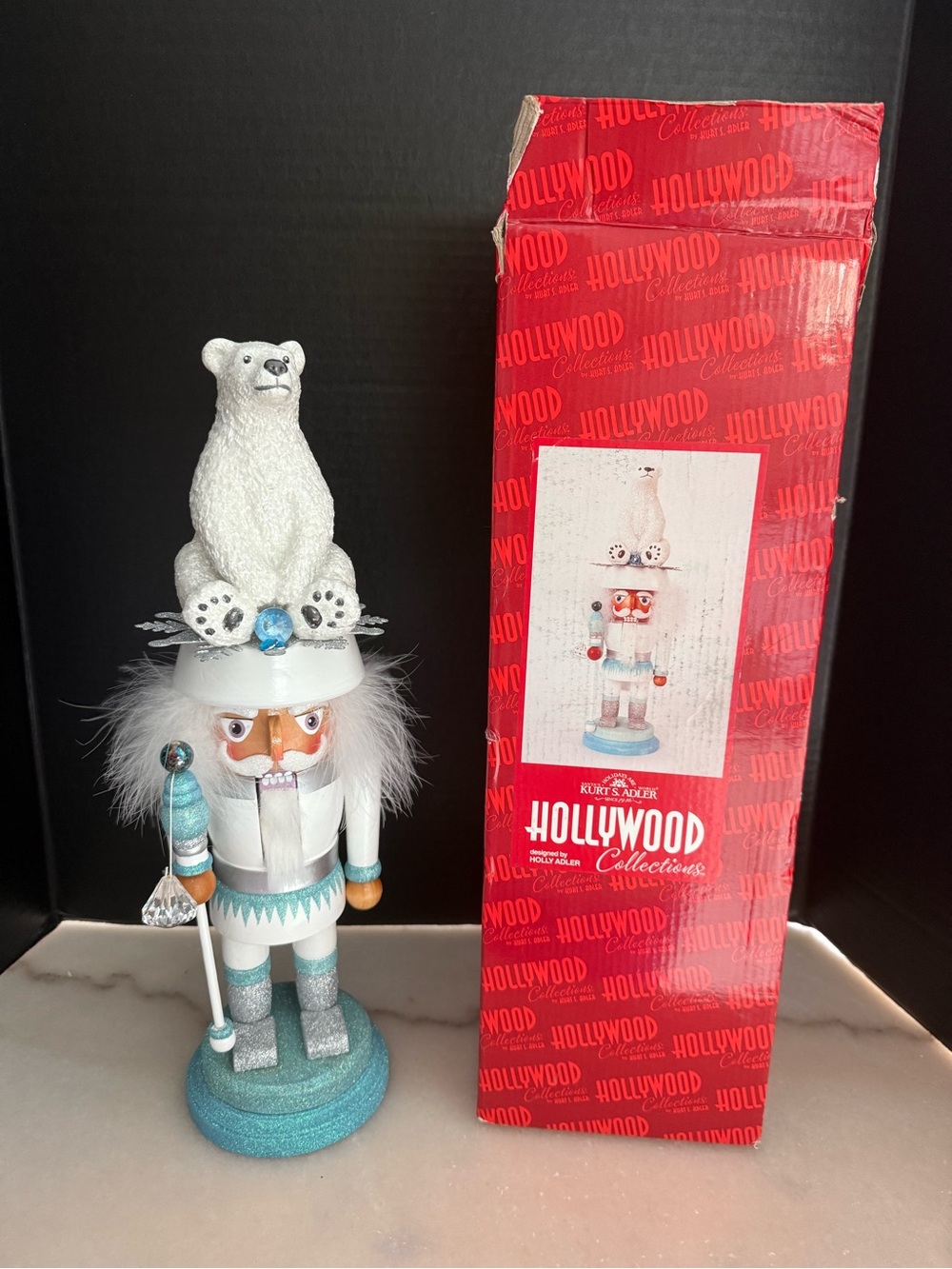 New Kurt Adler Hollywood 17" Wood Blue & White Polar Bear Nutcracker